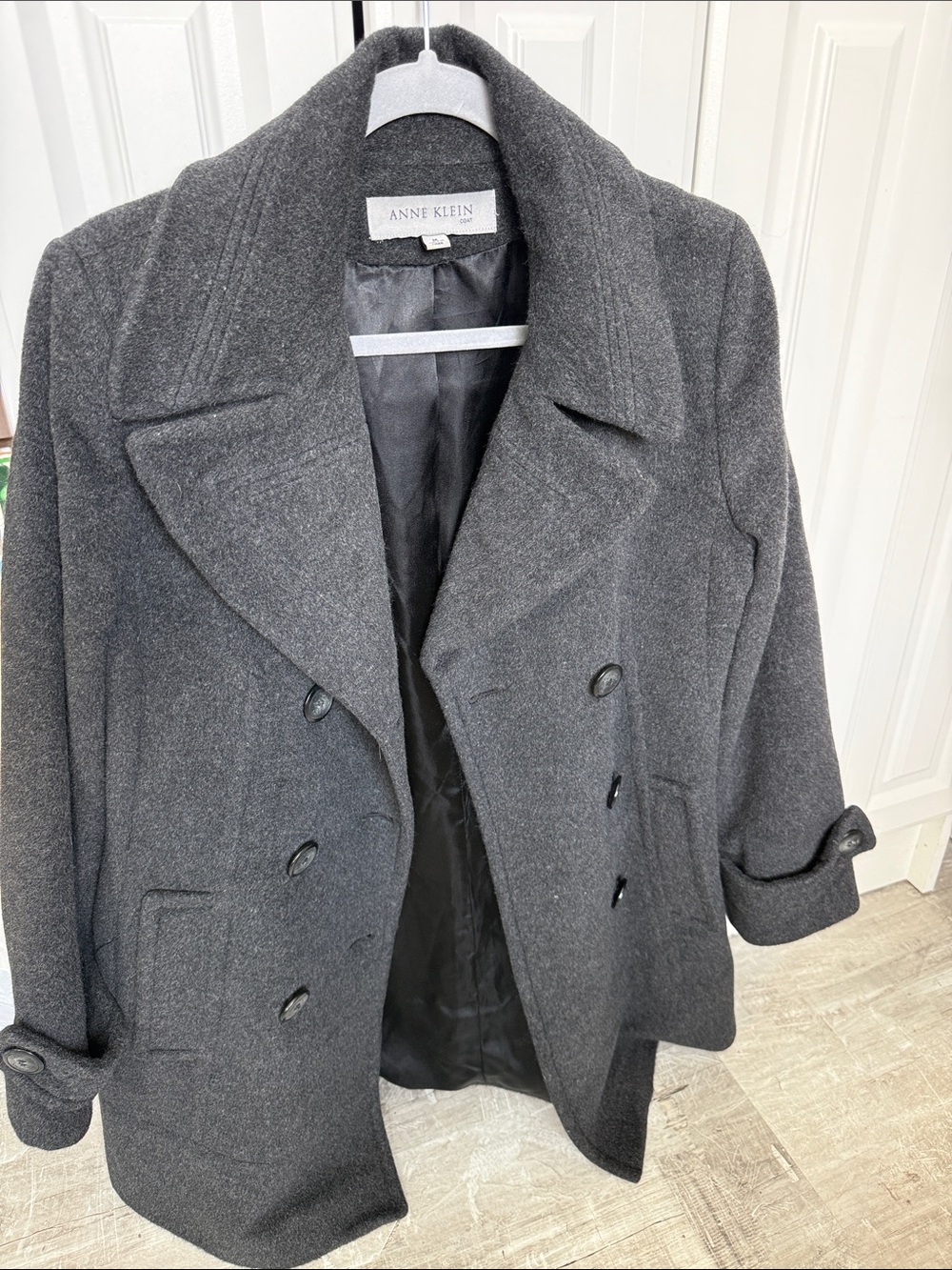 Anne Klein Dark Gray Double-Breasted Wool Peacoat